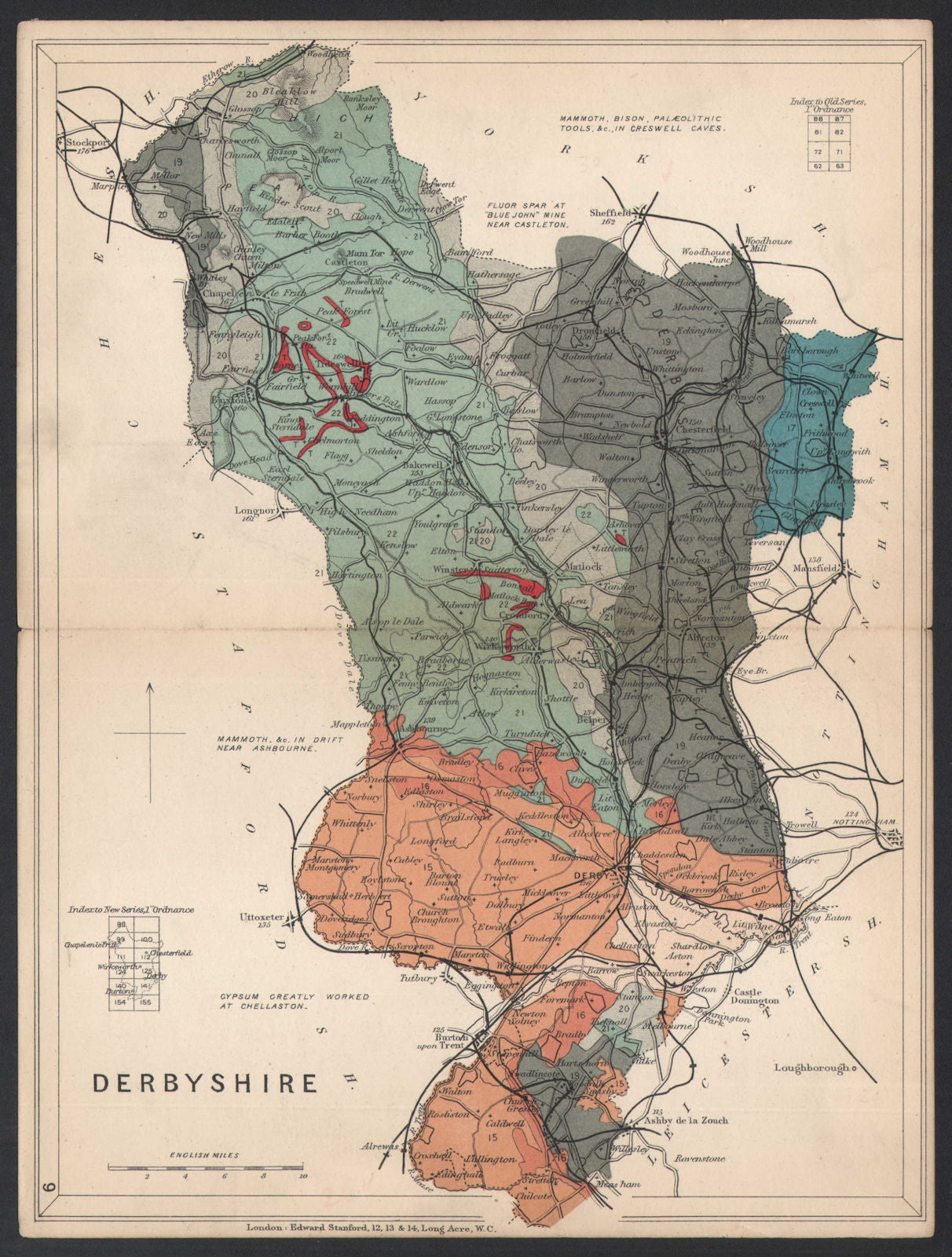 DERBYSHIRE Geological map. STANFORD 1907 old antique vintage plan chart